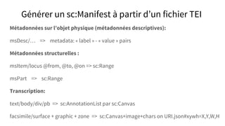 Générer un sc:Manifest à partir d’un fichier TEI
Métadonnées sur l’objet physique (métadonnées descriptives):
msDesc/… => metadata: « label » - « value » pairs
Métadonnées structurelles :
msItem/locus @from, @to, @on => sc:Range
msPart => sc:Range
Transcription:
text/body/div/pb => sc:AnnotationList par sc:Canvas
facsimile/surface + graphic + zone => sc:Canvas+image+chars on URI.json#xywh=X,Y,W,H
 