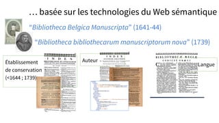 … basée sur les technologies du Web sémantique
Auteur
LangueÉtablissement
de conservation
(<1644 ; 1739)
“Bibliotheca Belgica Manuscripta” (1641-44)
“Bibliotheca bibliothecarum manuscriptorum nova” (1739)
 