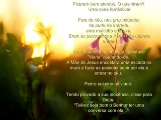 Ficaram bem atentos. O que viram?  Uma cena fantástica! Fora do céu, nas proximidades  da porta de entrada, uma multidão chorava.  Eram as pessoas que Pedro não deixara entrar. Profundamente comovida, lá estava "Maria" ajudando-os.  A Mãe de Jesus encostara uma escada no muro e fazia as pessoas subir por ela e entrar no céu.  Pedro suspirou aliviado.  Tendo provado a sua inocência, disse para Deus:  "Talvez seja bom o Senhor ter uma conversa com ela..."  