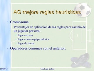 16/09/13   GA/Liga Yahoo
AG mejora reglas heurísticasAG mejora reglas heurísticas
➢ Cromosoma
➢ Porcentajes de aplicación de las reglas para cambio de
un jugador por otro:
➢ Jugar en casa
➢ Jugar contra equipo inferior
➢ Jugar de titular.
➢ Operadores comunes con el anterior.
 