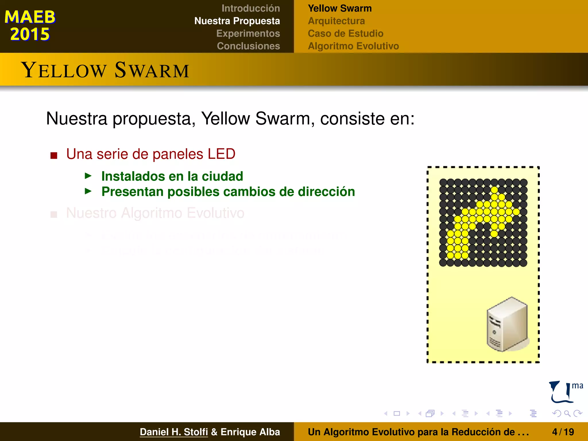 Introducción
Nuestra Propuesta
Experimentos
Conclusiones
Yellow Swarm
Arquitectura
Caso de Estudio
Algoritmo Evolutivo
YELLOW SWARM
Nuestra propuesta, Yellow Swarm, consiste en:
Una serie de paneles LED
Instalados en la ciudad
Presentan posibles cambios de dirección
Nuestro Algoritmo Evolutivo
Evalúa los escenarios de entrenamiento
Calcula la conﬁguración del sistema
Daniel H. Stolﬁ & Enrique Alba Un Algoritmo Evolutivo para la Reducción de . . . 4 / 19
 