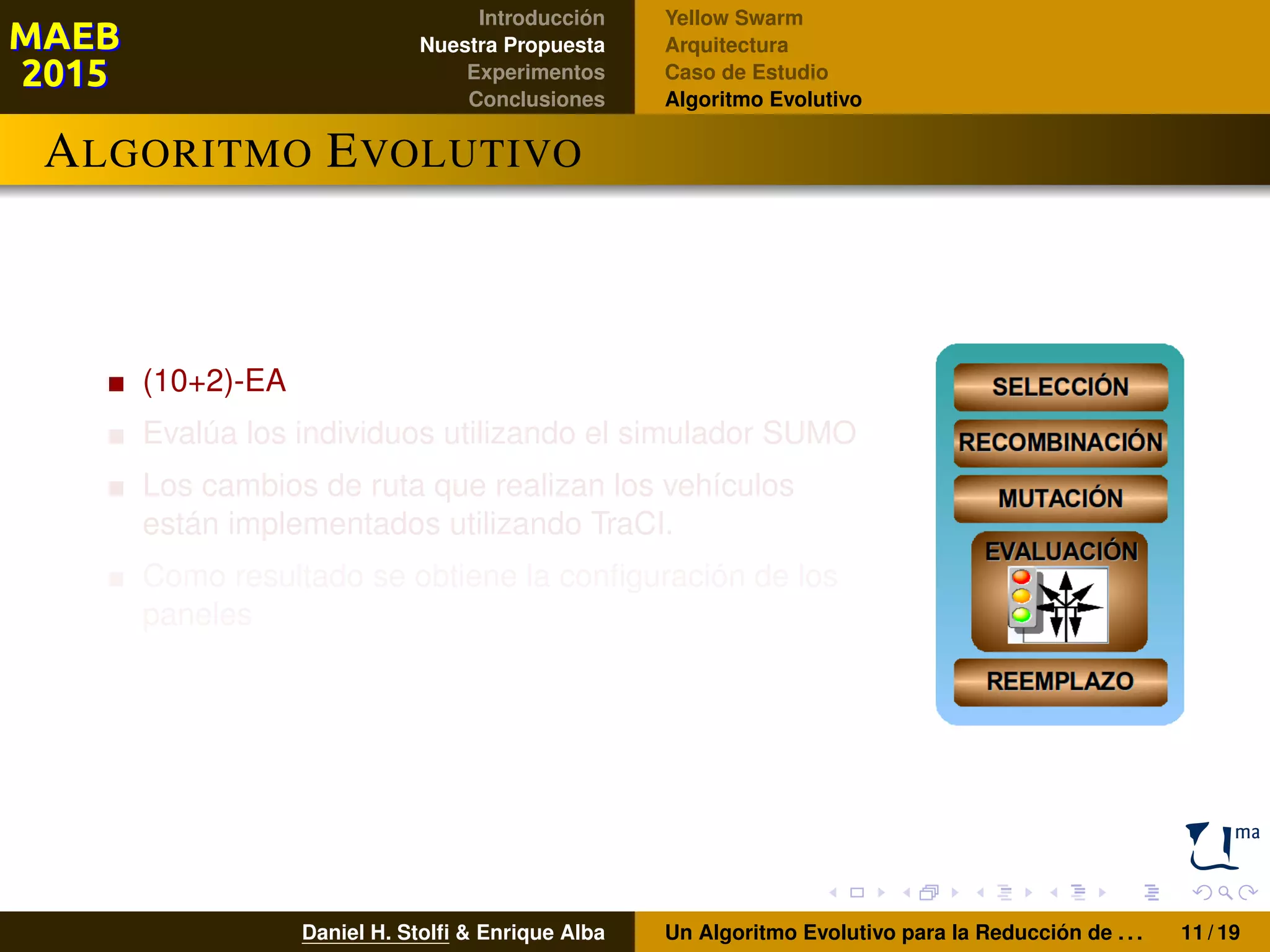 Introducción
Nuestra Propuesta
Experimentos
Conclusiones
Yellow Swarm
Arquitectura
Caso de Estudio
Algoritmo Evolutivo
ALGORITMO EVOLUTIVO
(10+2)-EA
Evalúa los individuos utilizando el simulador SUMO
Los cambios de ruta que realizan los vehículos
están implementados utilizando TraCI.
Como resultado se obtiene la conﬁguración de los
paneles
Daniel H. Stolﬁ & Enrique Alba Un Algoritmo Evolutivo para la Reducción de . . . 11 / 19
 
