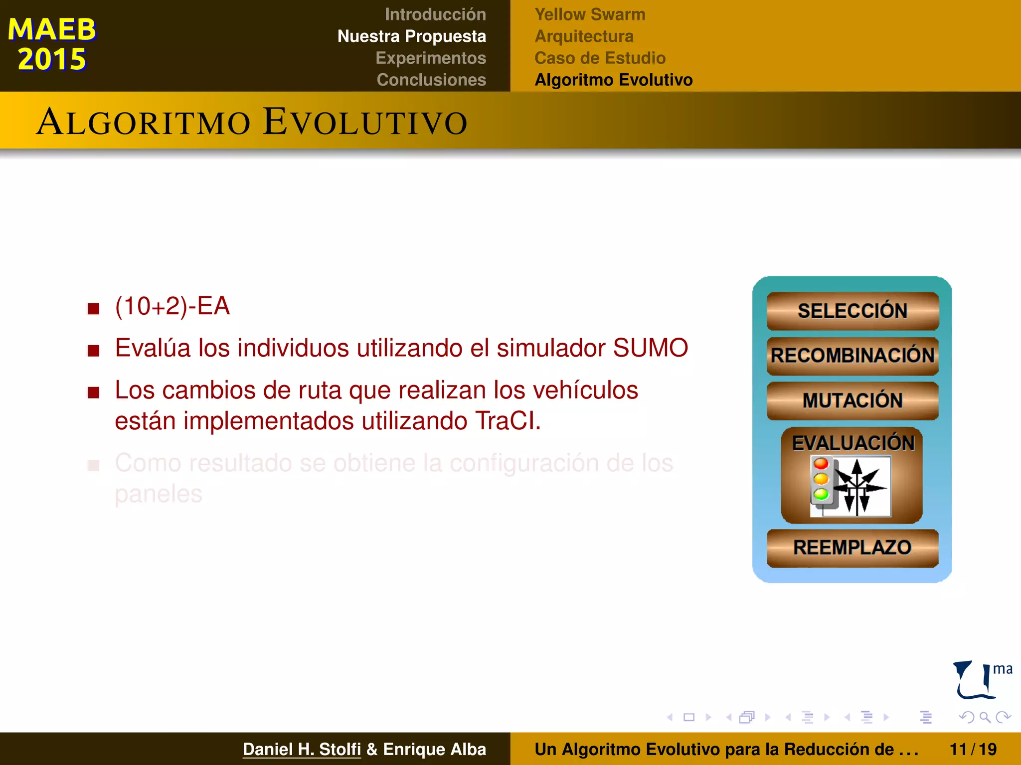 Introducción
Nuestra Propuesta
Experimentos
Conclusiones
Yellow Swarm
Arquitectura
Caso de Estudio
Algoritmo Evolutivo
ALGORITMO EVOLUTIVO
(10+2)-EA
Evalúa los individuos utilizando el simulador SUMO
Los cambios de ruta que realizan los vehículos
están implementados utilizando TraCI.
Como resultado se obtiene la conﬁguración de los
paneles
Daniel H. Stolﬁ & Enrique Alba Un Algoritmo Evolutivo para la Reducción de . . . 11 / 19
 