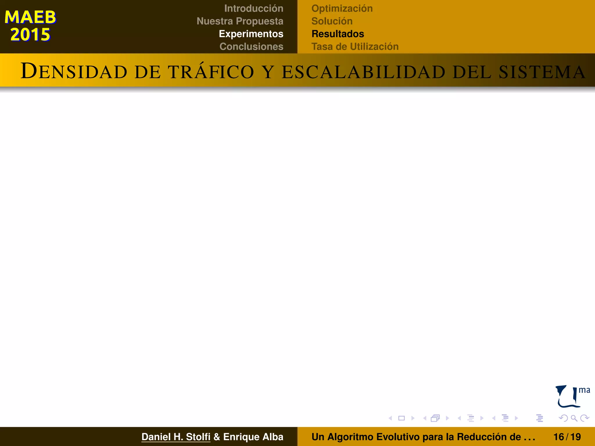 Introducción
Nuestra Propuesta
Experimentos
Conclusiones
Optimización
Solución
Resultados
Tasa de Utilización
DENSIDAD DE TRÁFICO Y ESCALABILIDAD DEL SISTEMA
Daniel H. Stolﬁ & Enrique Alba Un Algoritmo Evolutivo para la Reducción de . . . 16 / 19
 