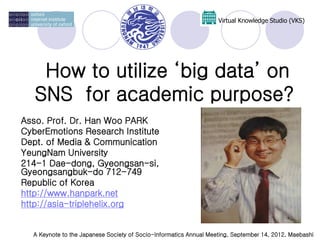 How to utilize ‘big data’ on
SNS for academic purpose?
Virtual Knowledge Studio (VKS)
Asso. Prof. Dr. Han Woo PARK
CyberEmotions Research Institute
Dept. of Media & Communication
YeungNam University
214-1 Dae-dong, Gyeongsan-si,
Gyeongsangbuk-do 712-749
Republic of Korea
http://www.hanpark.net
http://asia-triplehelix.org
A Keynote to the Japanese Society of Socio-Informatics Annual Meeting, September 14, 2012, Maebashi
 