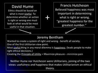 David Hume
Ethics should be based on
what is most Useful. To
determine whether an action
is right or wrong one must
look at what would be most
useful in that situation.
Francis Hutcheson
Believed happiness was most
important in determining
what is right or wrong.
“greatest happiness for the
greatest number.”
Jeremy Bentham
Wanted to create a system of right and wrong - benefit all society.
One of the first Utilitarian view point.
Most useful thing in any moral dilemma is happiness. (leads people to make
right ethical decisions.)
Creating the Principle of Utility = Maximize pleasure – minimize pain
Neither Hume nor Hutcheson were Utilitarians, joining of the two
views: usefulness and happiness that makes Utilitarianism an ethical
theory.
+
 