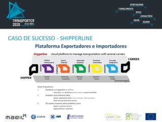 CASO DE SUCESSO - SHIPPERLINE
Value Propositions
1. Standard and paperless workflow
Save time and workforce performing the export workflow
2. Analytics over historical data
Better negotiation tools: Costs variation, QoS evaluation
Real-time performance metrics
3. Pro-active response when problems occur
Better Customer Service
Agile problems resolution
Plataforma Exportadores e Importadores
 