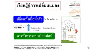 เรียนรู้สู่การเปลี่ยนแปลง
https://www.gotoknow.org/posts/tags/Mezirow
https://cdn.gotoknow.org/assets/media/files/001/118/349/original_8a511172e210f2942a79c400363f4033.jpg
การท้าทายระบบโลกทัศน์
เปลี่ยนทั้งเนื้อทั้งตัว
ประสบการณ์ตรง + ไตร่ตรองสะท้อนคิด
ใจ คิด พฤติกรรม
+ อารมณ์
พลังทั้งหก
 