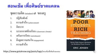 สอนเข้ม เพื่อศิษย์ขาดแคลน
https://www.gotoknow.org/posts/tags/สอนเข้มเพื่อศิษย์ขาดแคลน
ชุดความคิด (mindset) ๗ ของครู
1. ปฏิสัมพันธ์
2. ความสาเร็จ (achievement)
3. คิดบวก
4. บรรยากาศห้องเรียน (classroom climate)
5. เสริมการเรียน (enrichment)
6. ดึงดูดความสนใจ(engagement)
7. ความสาเร็จ
 