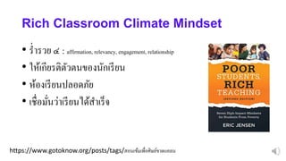 https://www.gotoknow.org/posts/tags/สอนเข้มเพื่อศิษย์ขาดแคลน
Rich Classroom Climate Mindset
• ร่ารวย ๔ : affirmation, relevancy, engagement, relationship
• ให้เกียรติตัวตนของนักเรียน
• ห้องเรียนปลอดภัย
• เชื่อมั่นว่าเรียนได้สาเร็จ
 