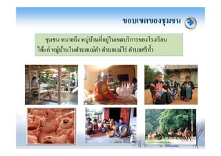 ขอบเขตของชุ มชน
    ชุมชน หมายถึง หมู่บานที*อยูในเขตบริ การของโรงเรี ยน
                       ้       ่
ได้แก่ หมู่บานในตําบลแม่คา ตําบลแม่ไร่ ตําบลศรี คา
            ้            ํ                       ํ
 