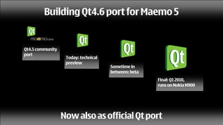 Building Qt4.6 port for Maemo 5


Qt4.5 community
port
                   Today: technical
                   preview
                                      Sometime in
                                      between: beta
                                                      Final: Q1 2010,
                                                      runs on Nokia N900




                  Now also as official Qt port
 