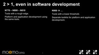 2 > 1, even in software development N770 – N800 – N810 Tools with a rough edge. Platform and application development using the same tools.  N900    …  Tools with a lower threshold. Separate toolkits for platform and application development.  