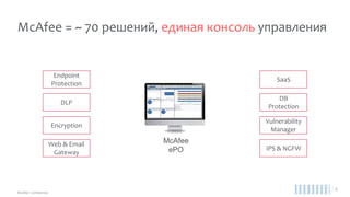 McAfee позволяет контролировать 6 разных механизмов шифрования
Пример – управление шифрованием из еРО
McAfee ePO
MS BitLocker
Apple FileVault
McAfee
Drive Encryption
+ File and Media
EMM Portal
iOS & Android
 