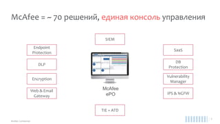 Три основных порта, необходимых для коммуникации между еРО и McAfee Agent
ePO – основы: агент
McAfee ePO
McAfee Agent
Encryption
Endpoint
443 TCP
80 TCP
8081 TCP
 