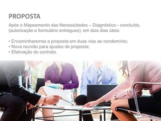 Após o Mapeamento das Necessidades – Diagnóstico - concluído,
(autorização e formulário entregues), em dois dias úteis:
• Encaminharemos a proposta em duas vias ao condomínio;
• Nova reunião para ajustes de proposta;
• Efetivação do contrato.
PROPOSTA
 