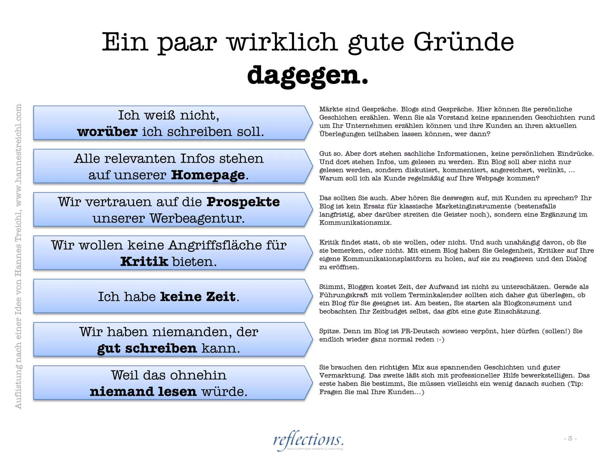 Ein paar wirklich gute Gründe
                                                                                        dagegen.
Auflistung nach einer Idee von Hannes Treichl, www.hannestreichl.com




                                                                                                             Märkte sind Gespräche. Blogs sind Gespräche. Hier können Sie persönliche
                                                                              Ich weiß nicht,                Geschichen erzählen. Wenn Sie als Vorstand keine spannenden Geschichten rund
                                                                                                             um Ihr Unternehmen erzählen können und ihre Kunden an ihren aktuellen
                                                                          worüber ich schreiben soll.        Überlegungen teilhaben lassen können, wer dann?

                                                                                                             Gut so. Aber dort stehen sachliche Informationen, keine persönlichen Eindrücke.
                                                                          Alle relevanten Infos stehen       Und dort stehen Infos, um gelesen zu werden. Ein Blog soll aber nicht nur
                                                                                                             gelesen werden, sondern diskutiert, kommentiert, angereichert, verlinkt, …
                                                                            auf unserer Homepage.            Warum soll ich als Kunde regelmäßig auf Ihre Webpage kommen?


                                                                        Wir vertrauen auf die Prospekte      Das sollten Sie auch. Aber hören Sie deswegen auf, mit Kunden zu sprechen? Ihr
                                                                                                             Blog ist kein Ersatz für klassische Marketinginstrumente (bestensfalls

                                                                             unserer Werbeagentur.           langfristig, aber darüber streiten die Geister noch), sondern eine Ergänzung im
                                                                                                             Kommunikationsmix.


                                                                       Wir wollen keine Angriffsfläche für   Kritik findet statt, ob sie wollen, oder nicht. Und auch unahängig davon, ob Sie
                                                                                                             sie bemerken, oder nicht. Mit einem Blog haben Sie Gelegenheit, Kritiker auf Ihre
                                                                                 Kritik bieten.              eigene Kommunikationsplattform zu holen, auf sie zu reagieren und den Dialog
                                                                                                             zu eröffnen.

                                                                                                             Stimmt, Bloggen kostet Zeit, der Aufwand ist nicht zu unterschätzen. Gerade als
                                                                             Ich habe keine Zeit.            Führungskraft mit vollem Terminkalender sollten sich daher gut überlegen, ob
                                                                                                             ein Blog für Sie geeignet ist. Am besten, Sie starten als Blogkonsument und
                                                                                                             beobachten Ihr Zeitbudget selbst, das gibt eine gute Einschätzung.


                                                                           Wir haben niemanden, der          Spitze. Denn im Blog ist PR-Deutsch sowieso verpönt, hier dürfen (sollen!) Sie
                                                                                                             endlich wieder ganz normal reden :-)
                                                                             gut schreiben kann.
                                                                                                             Sie brauchen den richtigen Mix aus spannenden Geschichten und guter
                                                                               Weil das ohnehin              Vermarktung. Das zweite läßt sich mit professioneller Hilfe bewerkstelligen. Das
                                                                                                             erste haben Sie bestimmt, Sie müssen vielleicht ein wenig danach suchen (Tip:
                                                                            niemand lesen würde.             Fragen Sie mal Ihre Kunden…)




                                                                                                                                                                                     -3-
 