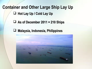Container and Other Large Ship Lay Up
      Hot Lay Up / Cold Lay Up

      As of December 2011 = 210 Ships

      Malaysia, Indonesia, Philippines
 