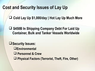 Cost and Security Issues of Lay Up

    Cold Lay Up $1,000/day | Hot Lay Up Much More

    $450B In Shipping Company Debt For Laid Up
    Container, Bulk and Tanker Vessels Worldwide

    Security Issues:
      Environmental
       Personnel & Crew
       Physical Factors (Terrorist, Theft, Fire, Other)
 