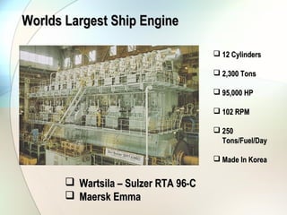 Worlds Largest Ship Engine

                                       12 Cylinders

                                       2,300 Tons

                                       95,000 HP

                                       102 RPM

                                       250
                                        Tons/Fuel/Day

                                       Made In Korea


        Wartsila – Sulzer RTA 96-C
        Maersk Emma
 