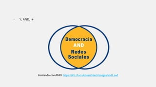 • Y, AND, +
Limitando con AND: https://ilrb.cf.ac.uk/searchtech/images/and1.swf
 