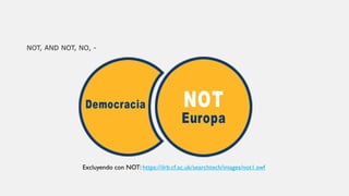 NOT, AND NOT, NO, -
Excluyendo con NOT: https://ilrb.cf.ac.uk/searchtech/images/not1.swf
 