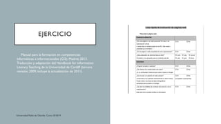 EJERCICIO
• Manual para la formación en competencias
informáticas e informacionales (CI2). Madrid, 2013.
Traducción y adaptación del Handbook for information
Literacy Teaching de la Universidad de Cardiff (tercera
revisión, 2009, incluye la actualización de 2011).
 