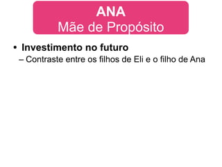 ANA
           Mãe de Propósito
• Investimento no futuro
 – Contraste entre os filhos de Eli e o filho de Ana
 