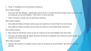  Tema 3: Problema con los primeros números.
Para todo el grupo.
 Una serie de tres dibujos, elaborados cada uno en un cuarto de hoja tamaño carta como los que
se muestran en las actividades 1 del tema 3 y de la sección.
 Tema 4:Sumas y restas con los primeros números.
Para todo el grupo.
 Una tabla de doble entrada como la que se muestra en la actividad 6 de este tema.
 Una tabla de doble entrada como la que se muestra la actividad 8 de este tema.
Para todo el grupo.
 Dos cartas de alimentos como la que se muestra en las actividades 6 de este tema
 Una hoja de publicidad de algún almacén farmacia o cualquier otro comercio como la que se
muestra en la actividad 9
Para todo el grupo.
 Lápices de colores y un dibujo como el que se muestra en la actividad 1 del tema 4 de esta
sección
 