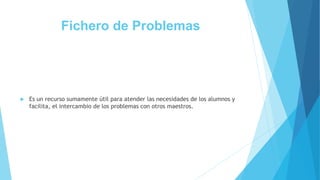 Fichero de Problemas
 Es un recurso sumamente útil para atender las necesidades de los alumnos y
facilita, el intercambio de los problemas con otros maestros.
 