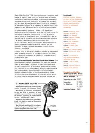 Martín, 1984; Marchesi, 1999; entre otros), es decir, comprender que la     Resistencia
longitud de una soga que él enrosca es la misma que la de esa soga          Este chiste tomado de Mafalda, la
que otro estira puede ser más fácil que comprender que elaborar una         tira cómica de Quino, representa en
adivinanza partiendo de la respuesta es la operación inversa de leerla      tono de humor la situación que se
para descubirla. Si se asume que la tarea de “revertir” las intenciones     produce cuando las ideas de
de quien escribe respecto de las intenciones de quien lee es poco habi-     los niños son, simplemente,
tual en la escuela, podría tomarse lo dicho como hipótesis de trabajo.      descalificadas:

Otras investigaciones (Vosniadou y Brewer, 1992, por ejemplo)
                                                                            Maestra: —Veamos los puntos
revelan que las teorías espontáneas se vinculan más con la información
                                                                            cardinales... el Sol sale por...
que se tiene y la actividad cognitiva que se es capaz de poner en
                                                                            Libertad: —Por la mañana.
marcha que con las variaciones de edad. Ideas de los niños como las
                                                                            Maestra: —Pero no, “la mañana”
que se acaban de exponer se han formado al margen de la enseñanza
                                                                            no es un punto cardinal.
y no pueden aparecer y desaparecer de su mente como
                                                                            Libertad: —No, eso al Sol no
información pasajera; al contrario, constituyen auténticos marcos de
                                                                            le importa, él sale igual.
referencia elaborados durante el desarrollo cognitivo, son muy
                                                                            Maestra: —Sí, bueno, ¿pero
resistentes al cambio y requieren una intervención estructurada y
                                                                            por dónde?
sistemática del docente.
                                                                            Libertad: —Por la ventana del living.
Pasemos ahora, en el orden de complejidad resultante, al análisis de las    Maestra: —Eso es visto... desde
tareas propuestas a los niños en asociación con el texto descriptivo        tu casa.
enciclopédico que, a diferencia de la adivinanza, explicita su tema al      Libertad: —Sí, a mi edad no
comienzo: en el título.                                                     tengo muchas posibilidades de
                                                                            amanecer en otro lado.
Descripción enciclopédica: identificación de datos literales. El pri-
                                                                            Maestra: —Andá a tu asiento,
mero de los ítems preguntó hasta cuántos años puede vivir el animal
                                                                            por favor.
objeto de la descripción. Esa información, mencionada literalmente
                                                                            Libertad: —Lástima. Charlar con
en una de las alternativas, se localiza en el segundo párrafo del texto y
                                                                            usted me fascina, profesora.
está rodeada de otras dos informaciones del mismo orden referidas a
otro subtema (tamaño); ellas constituyen dos de los distractores;
el tercero, también numérico, es conceptualmente fuerte, aunque             Descripción enciclopédica:
fue tomado del primer párrafo y está, en consecuencia, más alejado          identificación de datos literales
en el espacio y en la memoria de trabajo. Veamos el texto y el ítem.        Nivel de desempeño         II
                                                                            Respuestas correctas 63,42%

                                                                            Respuestas a               A: 10,89%
                                                                            los distractores           C: 7,43%
                                                                                                       D: 15,12%

                                                                            Respuestas inválidas       3,14%




                                                                                                                    59
 