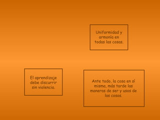 Ante todo, la cosa en sí
misma, más tarde las
maneras de ser y usos de
las cosas.
El aprendizaje
debe discurrir
sin violencia.
Uniformidad y
armonía en
todas las cosas.