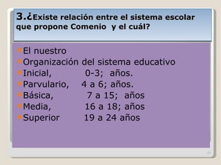 3.¿ Existe relación entre el sistema escolar que propone Comenio  y el cu á l? El nuestro Organización del sistema educativo  Inicial,  0-3;  años. Parvulario,  4 a 6; años. Básica,  7 a 15;  años Media,  16 a 18; años Superior  19 a 24 años 