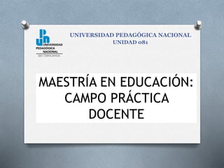 MAESTRÍA EN EDUCACIÓN:
CAMPO PRÁCTICA
DOCENTE
UNIVERSIDAD PEDAGÓGICA NACIONAL
UNIDAD 081
 