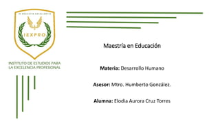 Maestría en Educación
Materia: Desarrollo Humano
Asesor: Mtro. Humberto González.
Alumna: Elodia Aurora Cruz Torres
 