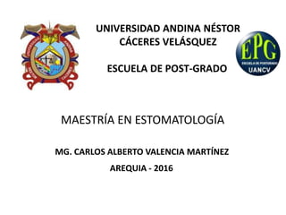 MAESTRÍA EN ESTOMATOLOGÍA
UNIVERSIDAD ANDINA NÉSTOR
CÁCERES VELÁSQUEZ
ESCUELA DE POST-GRADO
MG. CARLOS ALBERTO VALENCIA MARTÍNEZ
AREQUIA - 2016
 
