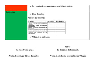  Se registrará sus avances en una lista de cotejo.
Evidencias
 Lista de cotejo
Nombre del alumno:
Criterio LOGRADO NO LOGRADO
Conoce el concepto y la lectura de una
fracción.
Comprende y trabaja con fracciones
equivalentes.
Reduce a común denominador las
fracciones
Realiza operaciones con resta de
fracciones.
Simplifica los resultados de las
operaciones
 Video de la actividad.
Vo.Bo
La maestra de grupo La directora de la escuela
Profra. Guadalupe Gómez González Profra. María Benita Mónica Ramos Villegas
 