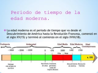 Periodo de tiempo de la
edad moderna.
 La edad moderna es el periodo de tiempo que va desde el
Descubrimiento de América hasta la Revolución Francesa, comenzó en
el siglo XV(15) y terminó al comienzo en el siglo XVIII(18).
 