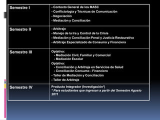 Semestre I     - Contexto General de los MASC
               - Conflictología y Técnicas de Comunicación
               - Negociación
               - Mediación y Conciliación

Semestre II    - Arbitraje
               - Manejo de la Ira y Control de la Crisis
               - Mediación y Conciliación Penal y Justicia Restaurativa
               - Arbitraje Especializado de Consumo y Financiera


Semestre III   Optativa:
                 - Mediación Civil, Familiar y Comercial
                 - Mediación Escolar
               Optativa:
                 - Conciliación y Arbitraje en Servicios de Salud
                 - Conciliación Consumo - Financiero
               - Taller de Mediación y Conciliación
               - Taller de Arbitraje

Semestre IV    Producto Integrador (Investigación*)
               * Para estudiantes que ingresan a partir del Semestre Agosto
               2011
 