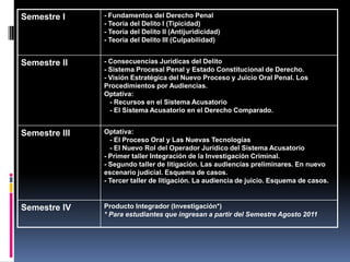 Semestre I     - Fundamentos del Derecho Penal
               - Teoría del Delito I (Tipicidad)
               - Teoría del Delito II (Antijuridicidad)
               - Teoría del Delito III (Culpabilidad)


Semestre II    - Consecuencias Jurídicas del Delito
               - Sistema Procesal Penal y Estado Constitucional de Derecho.
               - Visión Estratégica del Nuevo Proceso y Juicio Oral Penal. Los
               Procedimientos por Audiencias.
               Optativa:
                 - Recursos en el Sistema Acusatorio
                 - El Sistema Acusatorio en el Derecho Comparado.


Semestre III   Optativa:
                 - El Proceso Oral y Las Nuevas Tecnologías
                 - El Nuevo Rol del Operador Jurídico del Sistema Acusatorio
               - Primer taller Integración de la Investigación Criminal.
               - Segundo taller de litigación. Las audiencias preliminares. En nuevo
               escenario judicial. Esquema de casos.
               - Tercer taller de litigación. La audiencia de juicio. Esquema de casos.



Semestre IV    Producto Integrador (Investigación*)
               * Para estudiantes que ingresan a partir del Semestre Agosto 2011
 