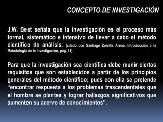 CONCEPTO DE INVESTIGACIÓN

J.W. Best señala que la investigación es el proceso más
formal, sistemático e intensivo de llevar a cabo el método
científico de análisis. (citado por Santiago Zorrilla Arena. Introducción a la
Metodología de la Investigación, pág. 41).


Para que la investigación sea científica debe reunir ciertos
requisitos que son establecidos a partir de los principios
generales del método científico; pues con ella se pretende
“encontrar respuesta a los problemas trascendentales que
el hombre se plantea y lograr hallazgos significativos que
aumenten su acervo de conocimientos”.
 