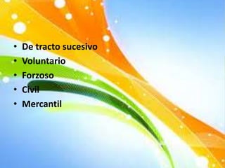 • De tracto sucesivo
• Voluntario
• Forzoso
• Civil
• Mercantil
 