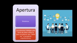 Apertura
Dinámica:
Los alumnos trabajan una
lluvia de ideas sobre lo
que consideran que “debe
ser” el proyecto
arquitectónico
 