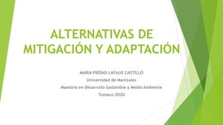 ALTERNATIVAS DE
MITIGACIÓN Y ADAPTACIÓN
MARIA PIEDAD LAFAUX CASTILLO
Universidad de Manizales
Maestría en Desarrollo Sostenible y Medio Ambiente
Tumaco-2020
 