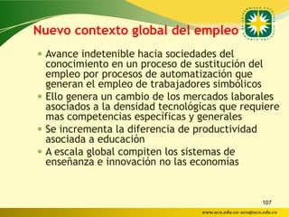 Nuevo contexto global del empleo
 Avance indetenible hacia sociedades del
  conocimiento en un proceso de sustitución del
  empleo por procesos de automatización que
  generan el empleo de trabajadores simbólicos
 Ello genera un cambio de los mercados laborales
  asociados a la densidad tecnológicas que requiere
  mas competencias específicas y generales
 Se incrementa la diferencia de productividad
  asociada a educación
 A escala global compiten los sistemas de
  enseñanza e innovación no las economías


                                                         107
                                  www.uco.edu.co–uco@uco.edu.co
 