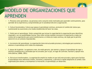 MODELO DE ORGANIZACIONES QUE
APRENDEN
   1. Personas como aprendices. Las personas como conjunto están motivados para aprender continuamente, para
    aprender de la experiencia y comprometidos por el autodesarrollo de la organización.

   2. Cultura favorecedora. Cultura que apoya el aprendizaje continuo, promueve el cambio del status quo,
    cuestionando las asunciones y los modos establecidos de hacer las cosas.

   3. Visión para el aprendizaje. Visión compartida que incluye la capacidad de la organización para identificar,
    responder y ver sus posibilidades futuras. Esta visión incluye también reconocer la importancia a todos los
    niveles de la organización para auto transformarse a sí misma de modo continuo, de modo que le permita
    sobrevivir en un contexto impredecible.

   4. Incremento del aprendizaje. La organización tiene estructurados procesos y estrategias para aumentar y
    sostener el aprendizaje entre todos los empleados.

   5. Apoyo de la gestión. Los gestores creen, de modo genuino, que alentar y apoyar el aprendizaje da lugar a
    mejores competencias y resultados que los actuales; por lo que, en lugar de controlar, facilitan y apoyan esta
    línea (Bolívar, 2000b, 2001).

   6. Estructura transformadora. La organización amplía los modos en que está estructurada y opera para facilitar
    el aprendizaje entre diferentes niveles, funciones y subsistemas, y permite la rápida adaptación al cambio. Está
    organizada para alentar y recompensar la innovación, el aprendizaje y el desarrollo.


                                                                                      www.uco.edu.co–uco@uco.edu.co
 