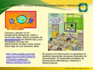 CONOCER Y PENSAR NO ES SOLO ALMACENAR Y TRATAR DATOS




Conocer y pensar no es
simplemente almacenar, tratar y
comunicar datos. Serán procesos de
generalización de distinto tipo y sus
resultados, los que nos
determinarán el saber cómo actuar
sobre algo en una situación dada


 http://video.google.com/vide       El acceso a la información no garantiza en
 oplay?docid=534012054070           absoluto desarrollar procesos originales de
 12324&hl=es#docid=-                pensamiento. El desarrollar procesos de
       .                            pensamiento alternativos, creativos e
 8004213033053195135                idiosincrásicos

                                                          www.uco.edu.co–uco@uco.edu.co
 