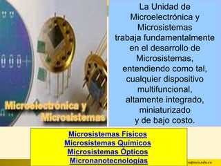 La Unidad de
                     Microelectrónica y
                        Microsistemas
                 trabaja fundamentalmente
                     en el desarrollo de
                       Microsistemas,
                   entendiendo como tal,
                    cualquier dispositivo
                        multifuncional,
                    altamente integrado,
                        miniaturizado
                       y de bajo costo.
 Microsistemas Físicos,
Microsistemas Químicos,
Microsistemas Ópticos,
 Micronanotecnologías www.uco.edu.co–uco@uco.edu.co
 