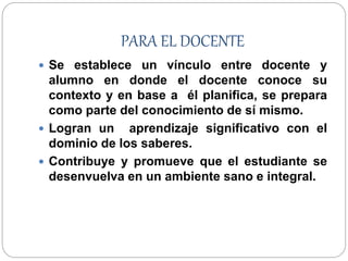 PARA EL DOCENTE
 Se establece un vínculo entre docente y
alumno en donde el docente conoce su
contexto y en base a él planifica, se prepara
como parte del conocimiento de sí mismo.
 Logran un aprendizaje significativo con el
dominio de los saberes.
 Contribuye y promueve que el estudiante se
desenvuelva en un ambiente sano e integral.
 