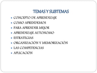 TEMAS Y SUBTEMAS
 CONCEPTO DE APRENDIZAJE
 COMO APRENDEMOS
 PARA APRENDER MEJOR
 APRENDIZAJE AUTONOMO
 ESTRATEGIAS
 ORGANIZACIÓN Y MEMORIZACIÓN
 LAS COMPETENCIAS
 APLICACIÓN
 